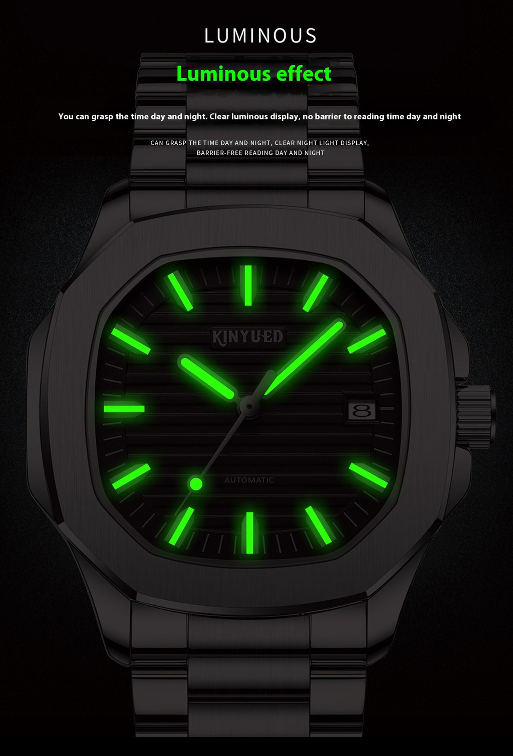 Montre mécanique automatique lumineuse pour hommes