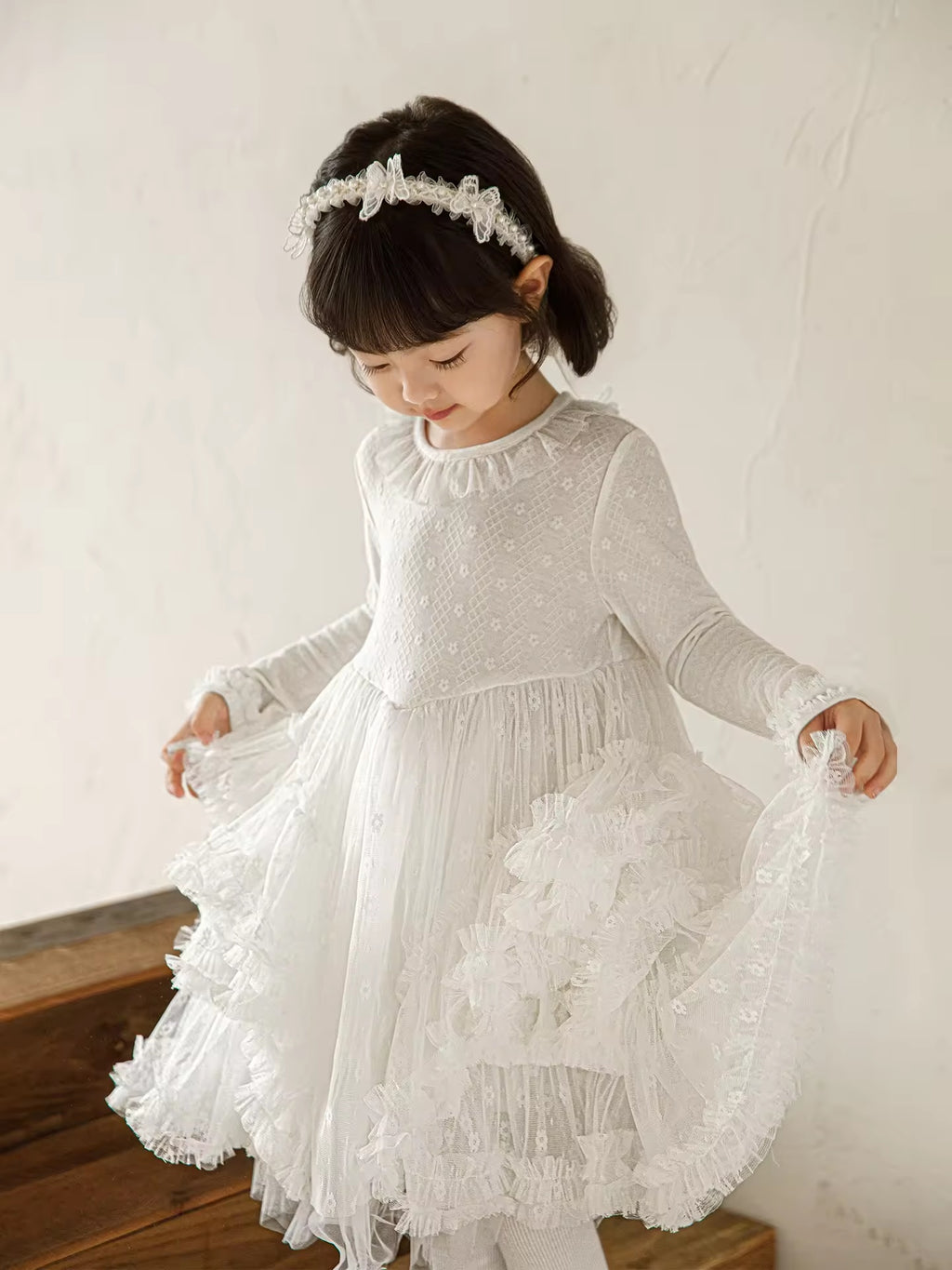 Dentelle de fille Lotus Leaf Longueur latérale Manche Chiffon Princesse Jupe