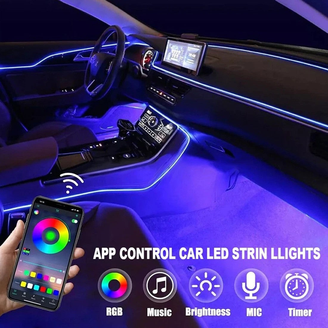 APP Contrôle 5-In-1 RGB LED intérieur bande lumineuse voiture ambiante éclairage d'atmosphère