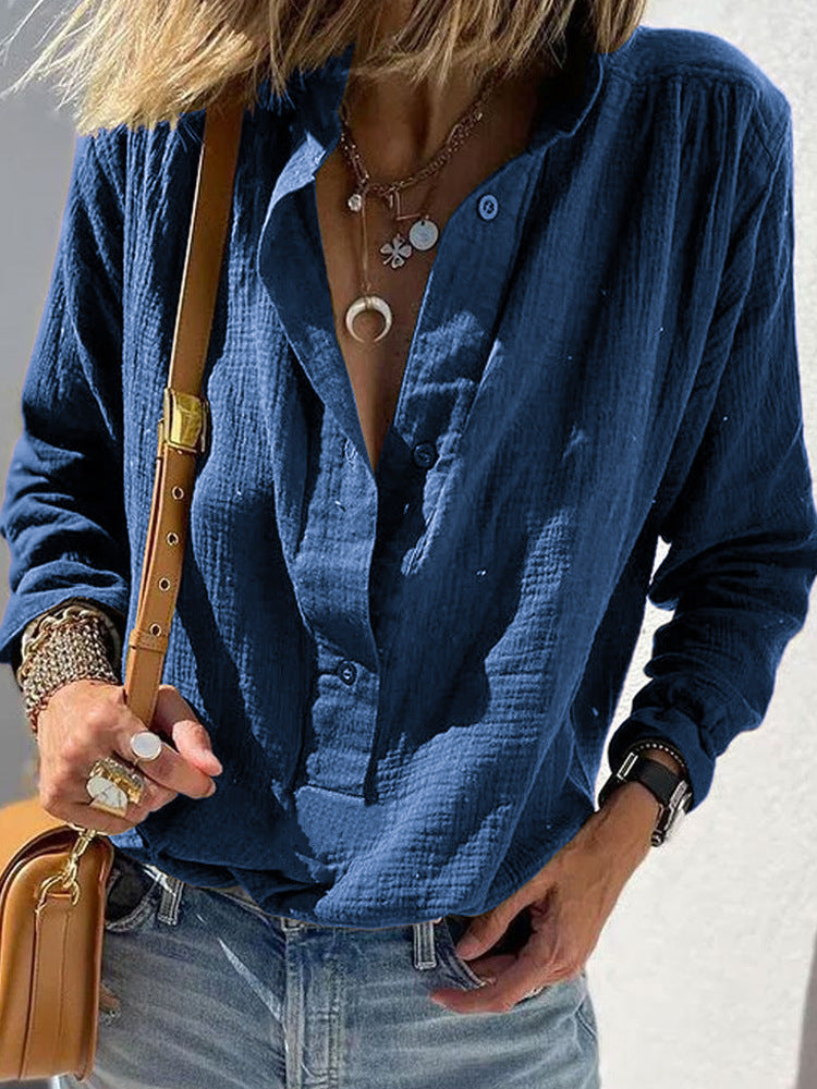 European and American Spring Women's Casual Loose Fashion Long Sleeve Cotton Chanvre Solid Co