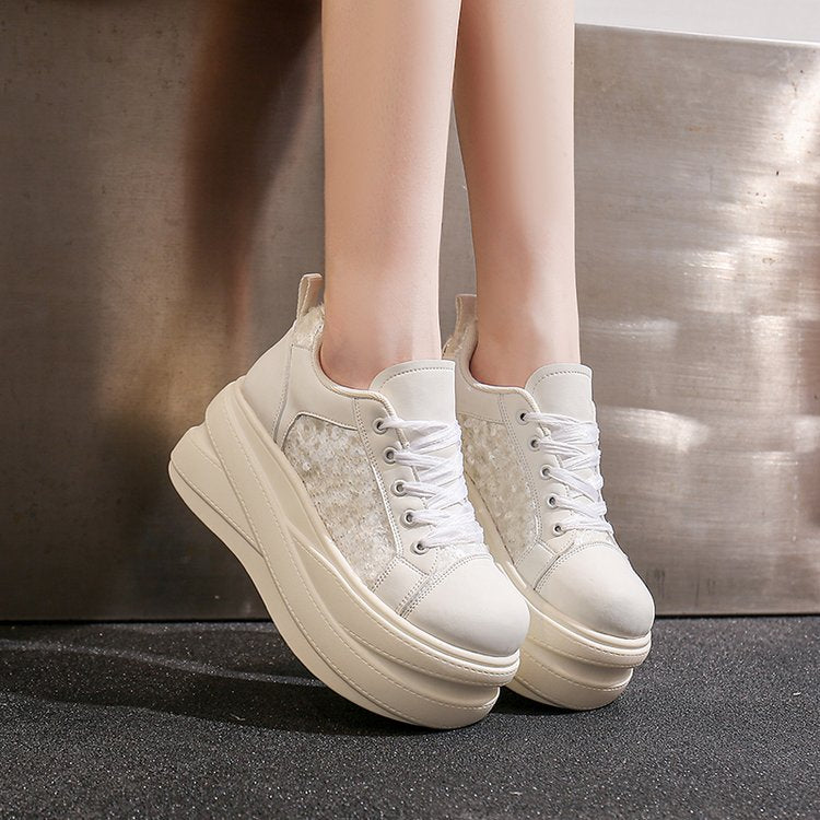 Femmes Glitter Sequin Panel Platform Sneakers Faux Cuir Multi Layer Épaisseur Dentelle C