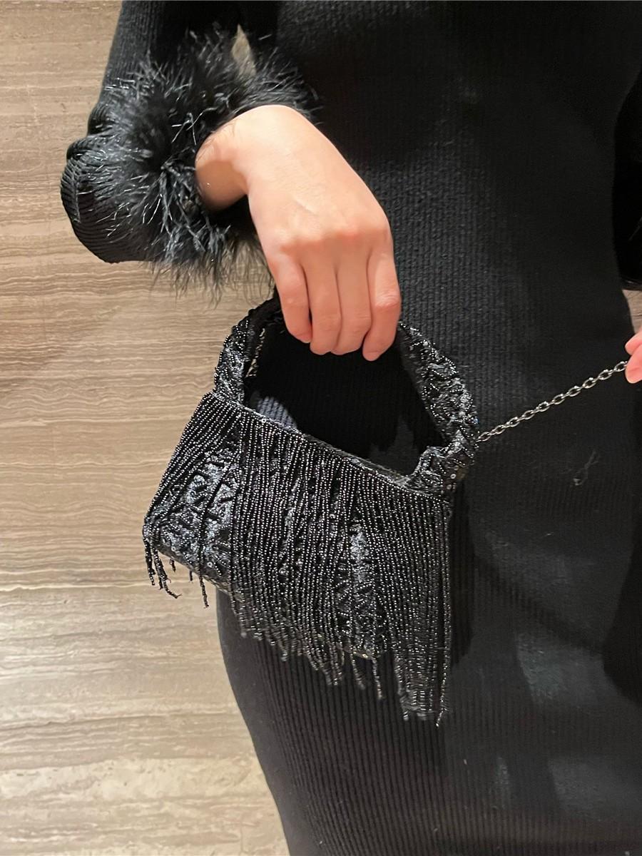 Style chinois Vintage Handmade Solid-black Perle Tassel Tote Bag