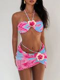 Ensemble de trois pièces de bikini à col haltère imprimé