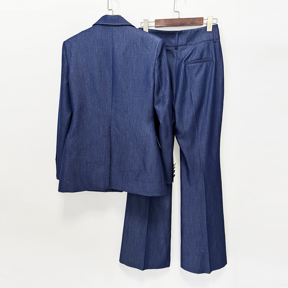 Pantalon texturé à simple bouton Peak Lapel Blazer & High Waist Flared Floor-Length Pantalons à deux pièces