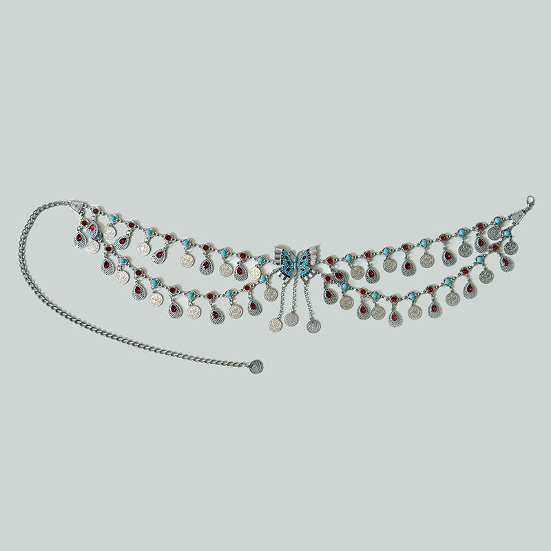 Retro Ethnic Style Butterfly Strass Waist Chain Avec Turquoise Coin Pendentif Tassel Bel