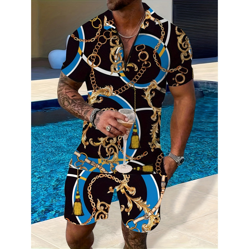 Deux-pièces Lapel Zipper Printed Leisure Sports