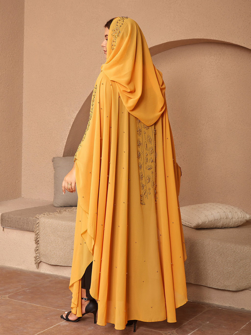 Style musulman Strass Perles Haute Densité Chiffon Cape Et Châle