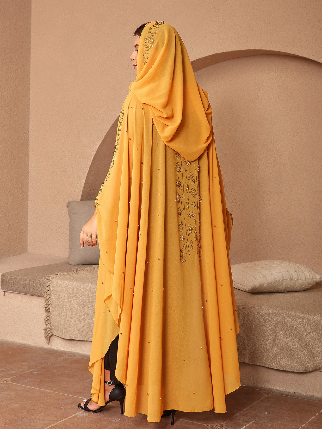 Style musulman Strass Perles Haute Densité Chiffon Cape Et Châle