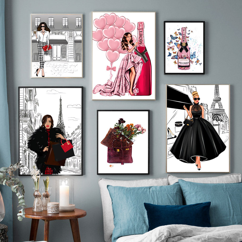 Fashion Bag Girl Ballon Champagne Wall Art Canvas Imprimer