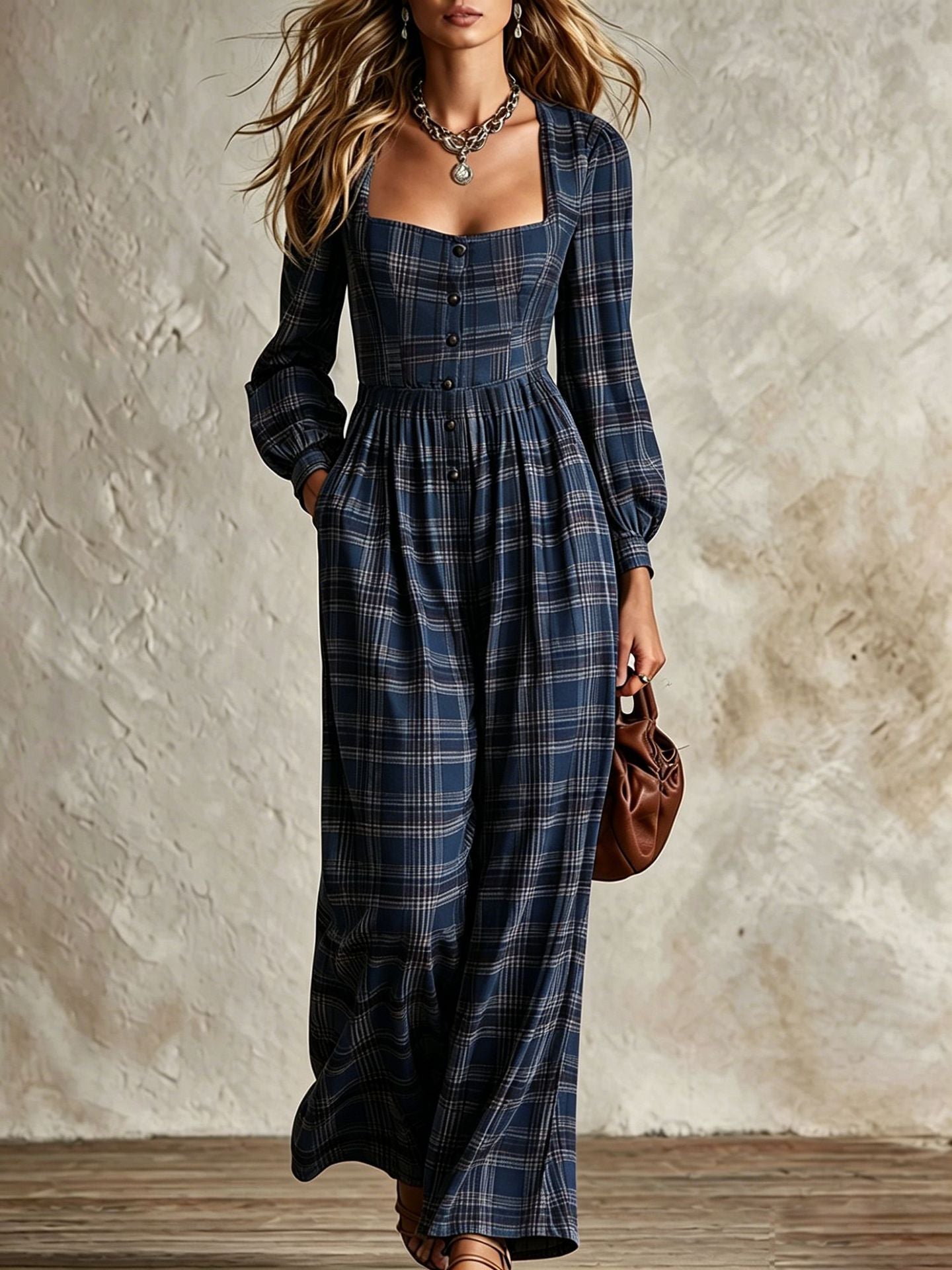 Femmes Plaid Col carré Coin de taille Boutonné Grande jambe combinaison de saut