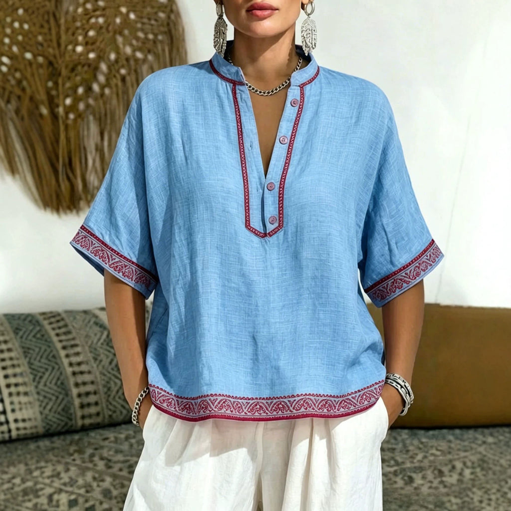 Tee-shirt élégant à col en V avec dentelle et boutons
