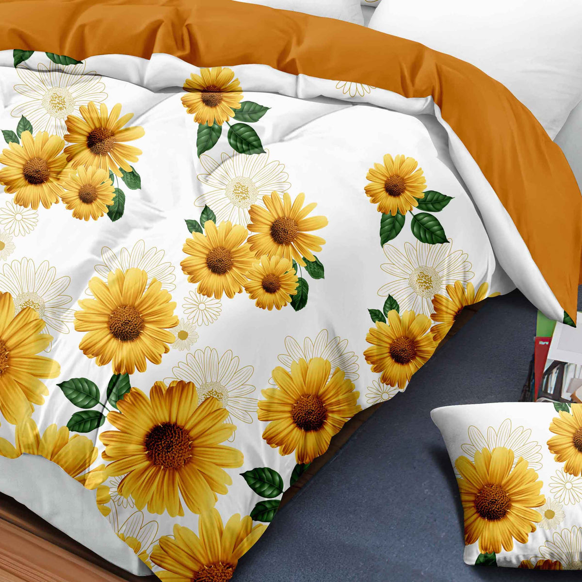 9-Pièce blanc et jaune Daisy couvre-lit et jeu de rideau