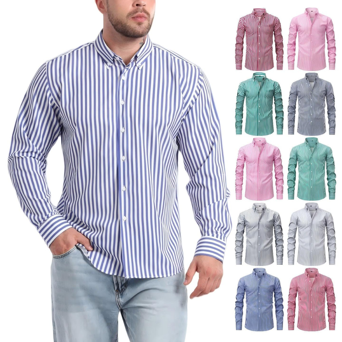 Jiachuan European and American Elastic Non-Iron Men's Shirt Long Sleeve Digital Print Stri