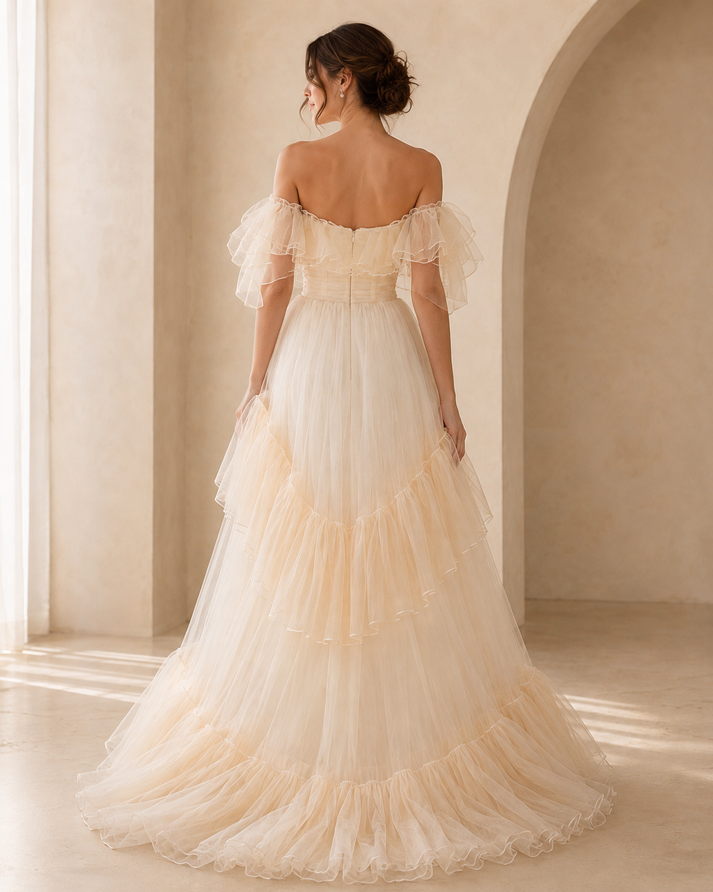 Hors-la-Sholder Ruffle à paliers Tulle Maxi Gown soirée