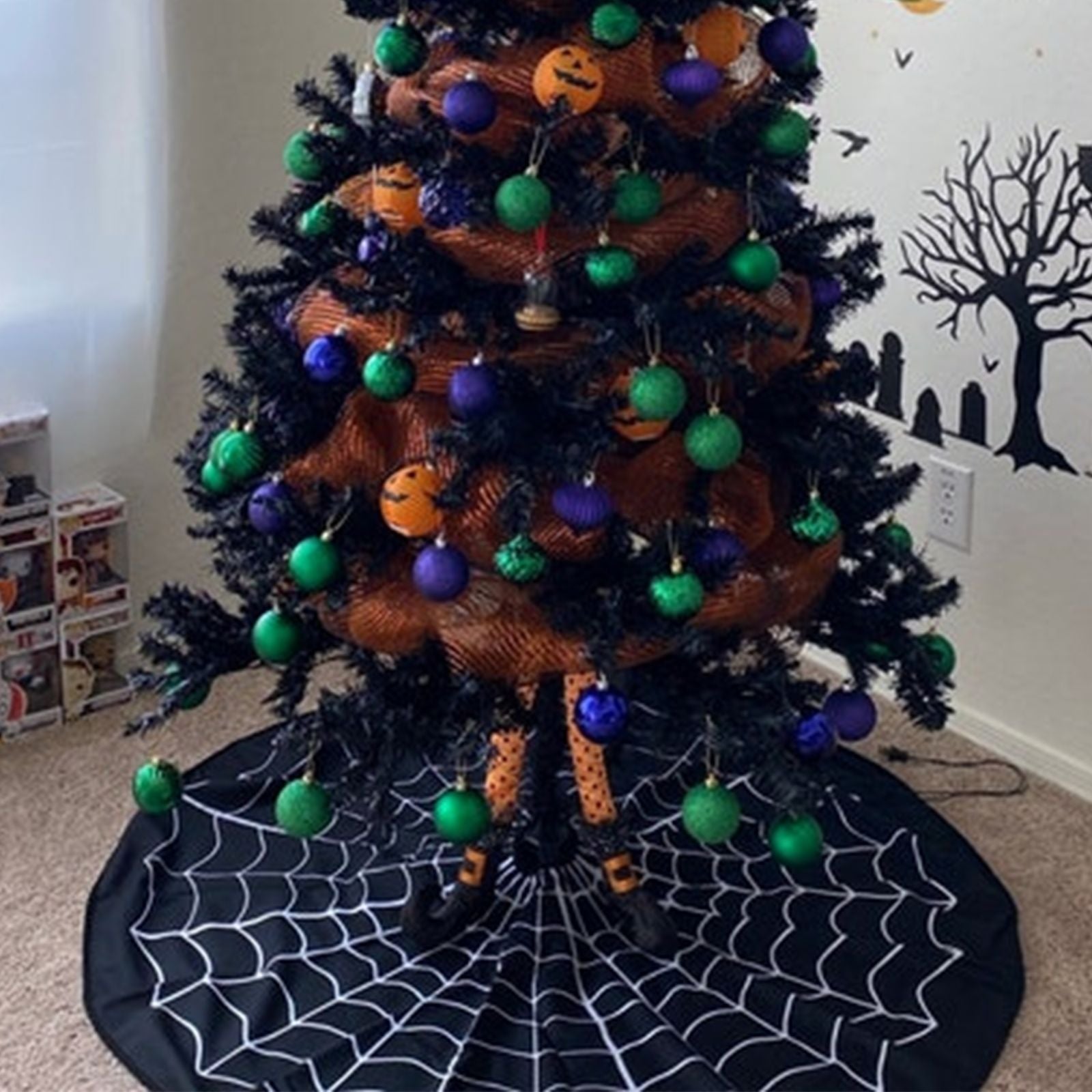 Blanc Spiderweb Halloween Tree Jupe tapis de sol décoratif