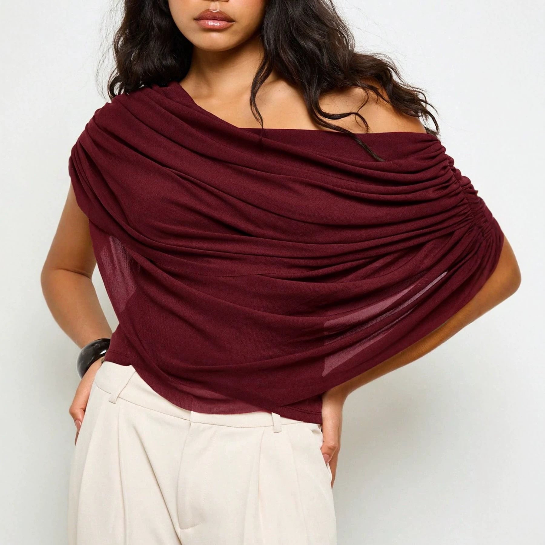Femmes Mode Loose-fitting Cape-style Solid-color Top avec Pleats