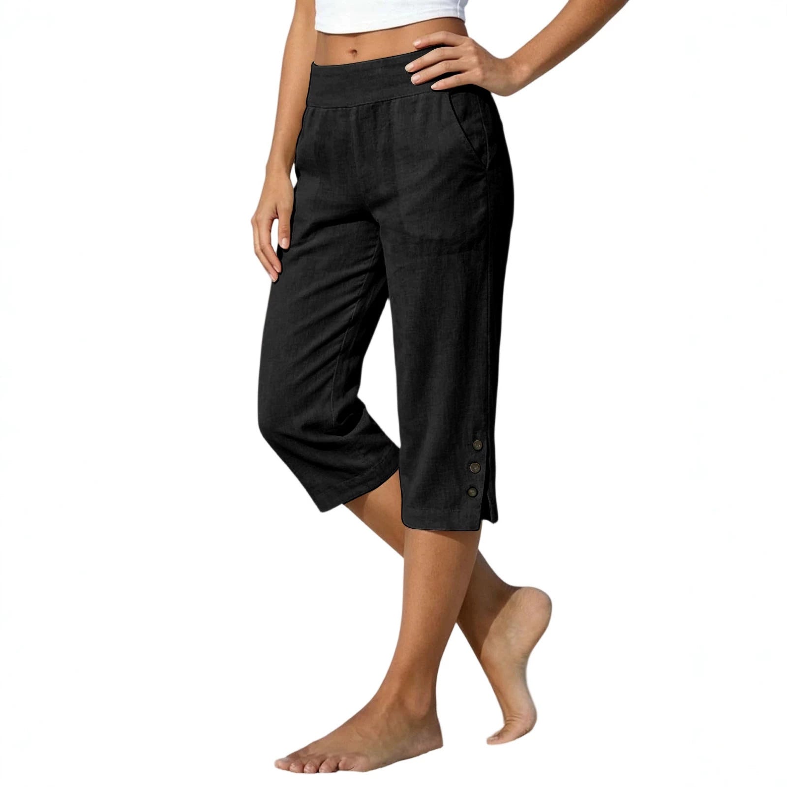 Femmes taille haute Loose-fit Slit-front Casual Jambe droite pantalons avec boutons