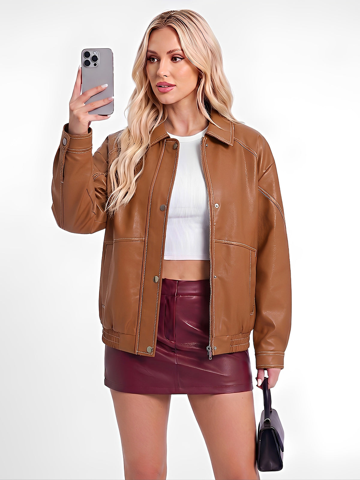Veste de moto de style surdimensionnée en cuir pour femme Printemps et automne Fashio