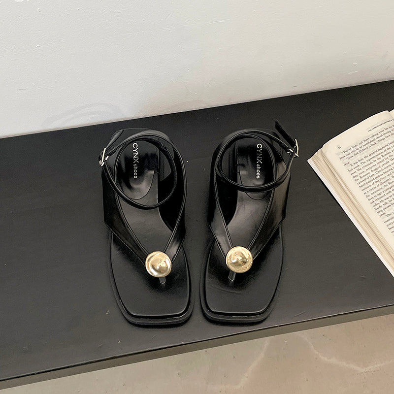 Retro Metal Buckle String Sandales romaines Femmes Été Fashion Square Toe Flap Wedge Heel Ver