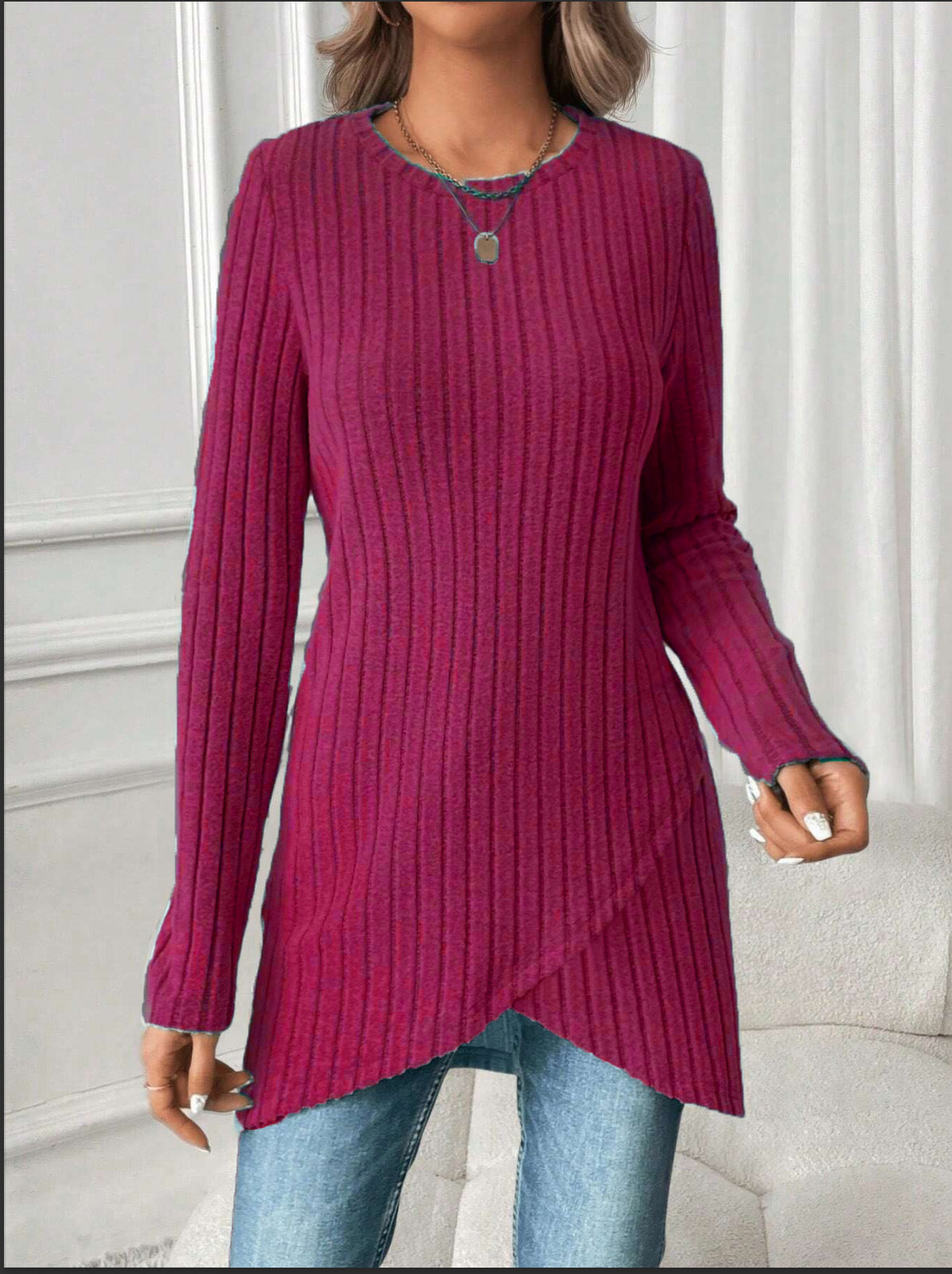 Women's European and American Style Round Neck Casual Long Sleeve Top