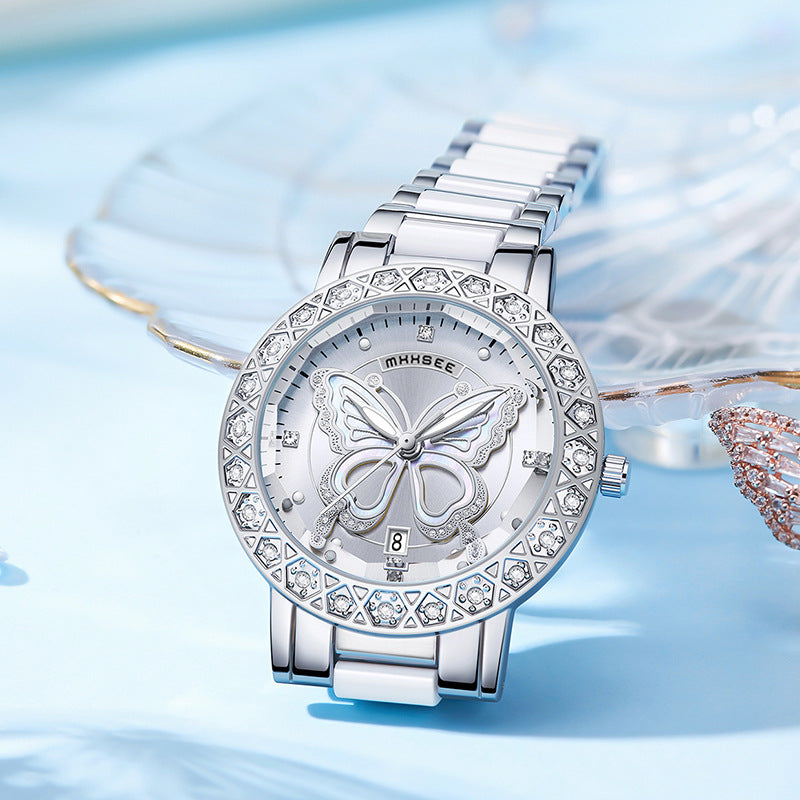 Butterfly Montre de luxe pour femmes avec calendrier et bracelet en acier