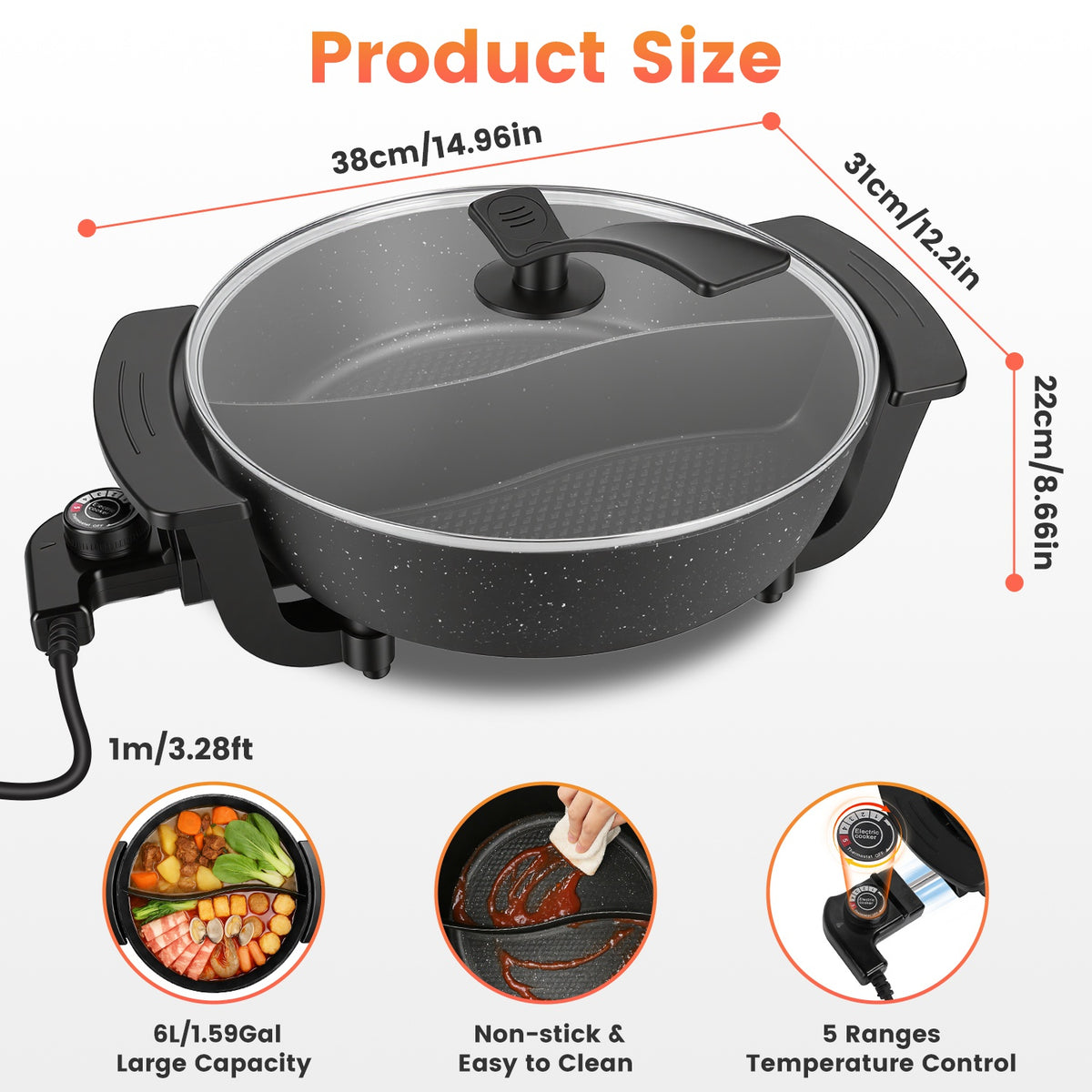 6L Electric Pot with Divider 1100W Dual Flavor Pot Shabu Shabu Pot Non-positional with 5-Temp C