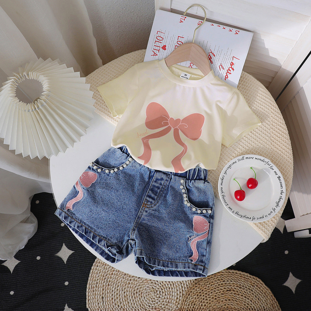 Filles Col rond Imprimé Top et Denim Jeans Set