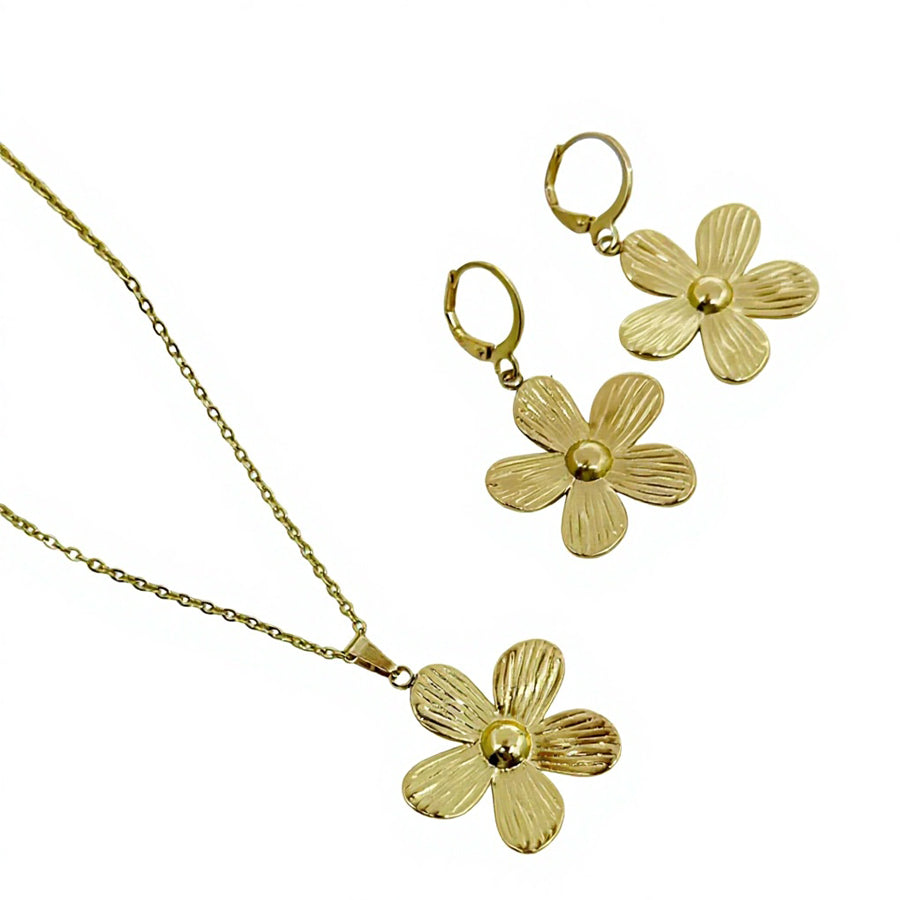 Bijoux de fleur rayée de rétro Set chaîne de câble couleur or Collier Huggie Hoop Boucles d'oreilles Drop