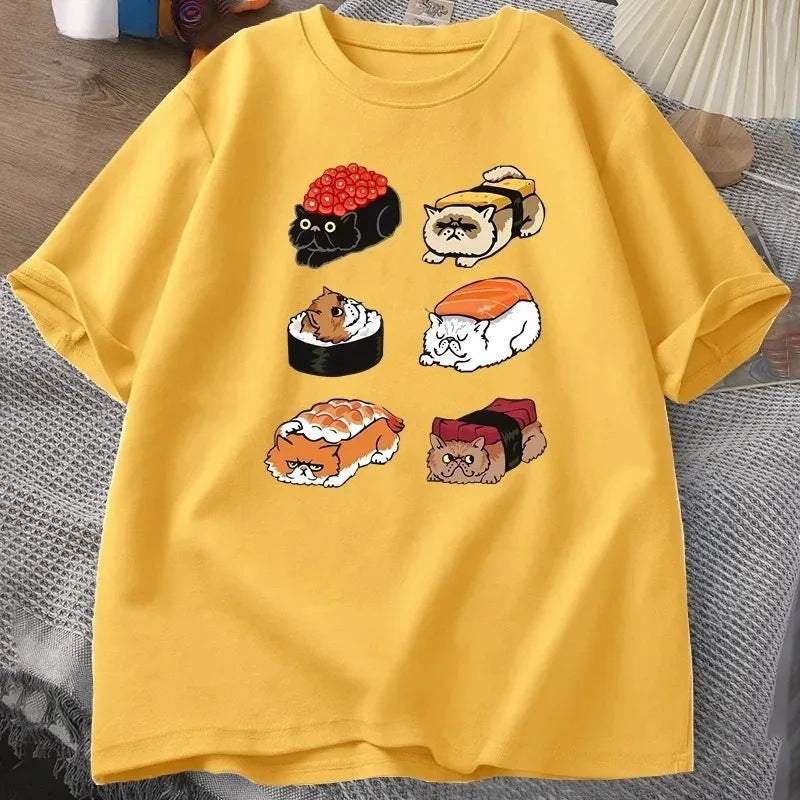 T-shirt Kawaii Cute Cat Sushi pour l'été