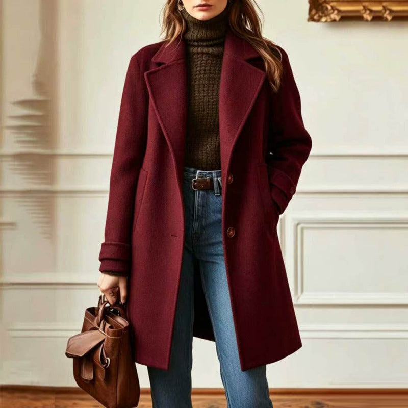 Automne et hiver Rétro Style décontracté Longueur moyenne Coat Lapel Coat Femme