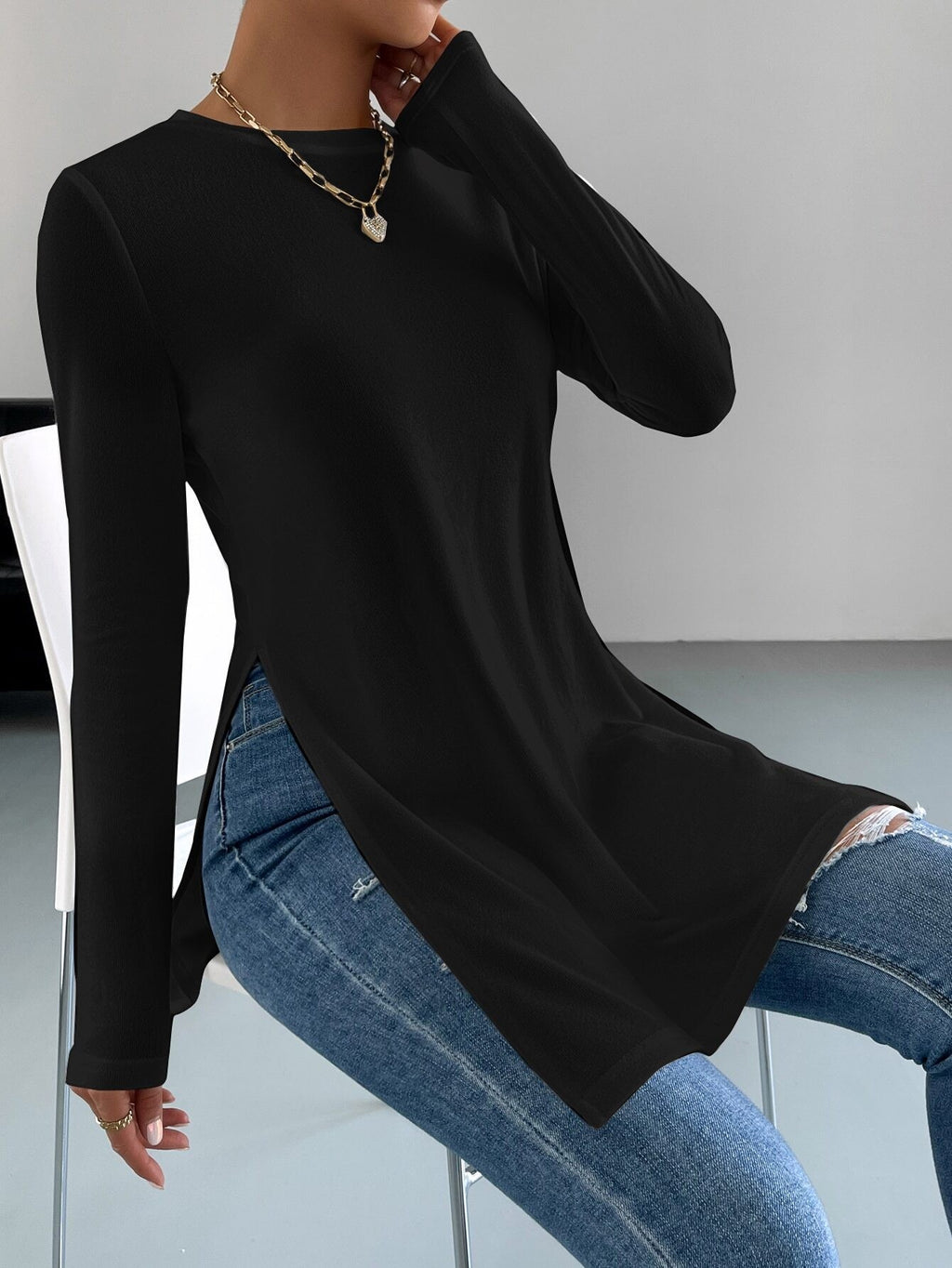 AliExpress Explosions Manches Longues Femme Top TEMU Semelles de couleur solide Split Long T-Shirt Wom