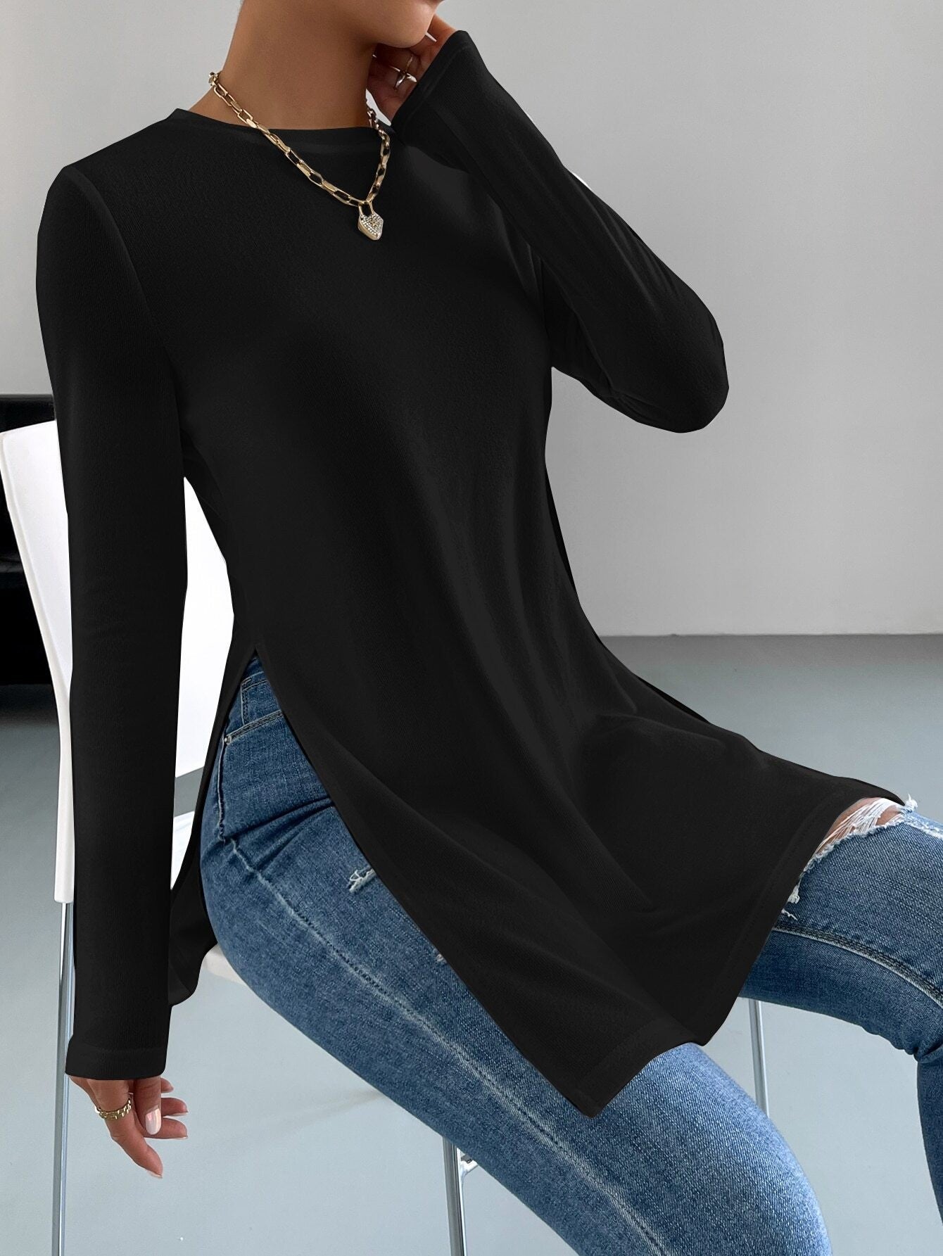 AliExpress Explosions Manches Longues Femme Top TEMU Semelles de couleur solide Split Long T-Shirt Wom