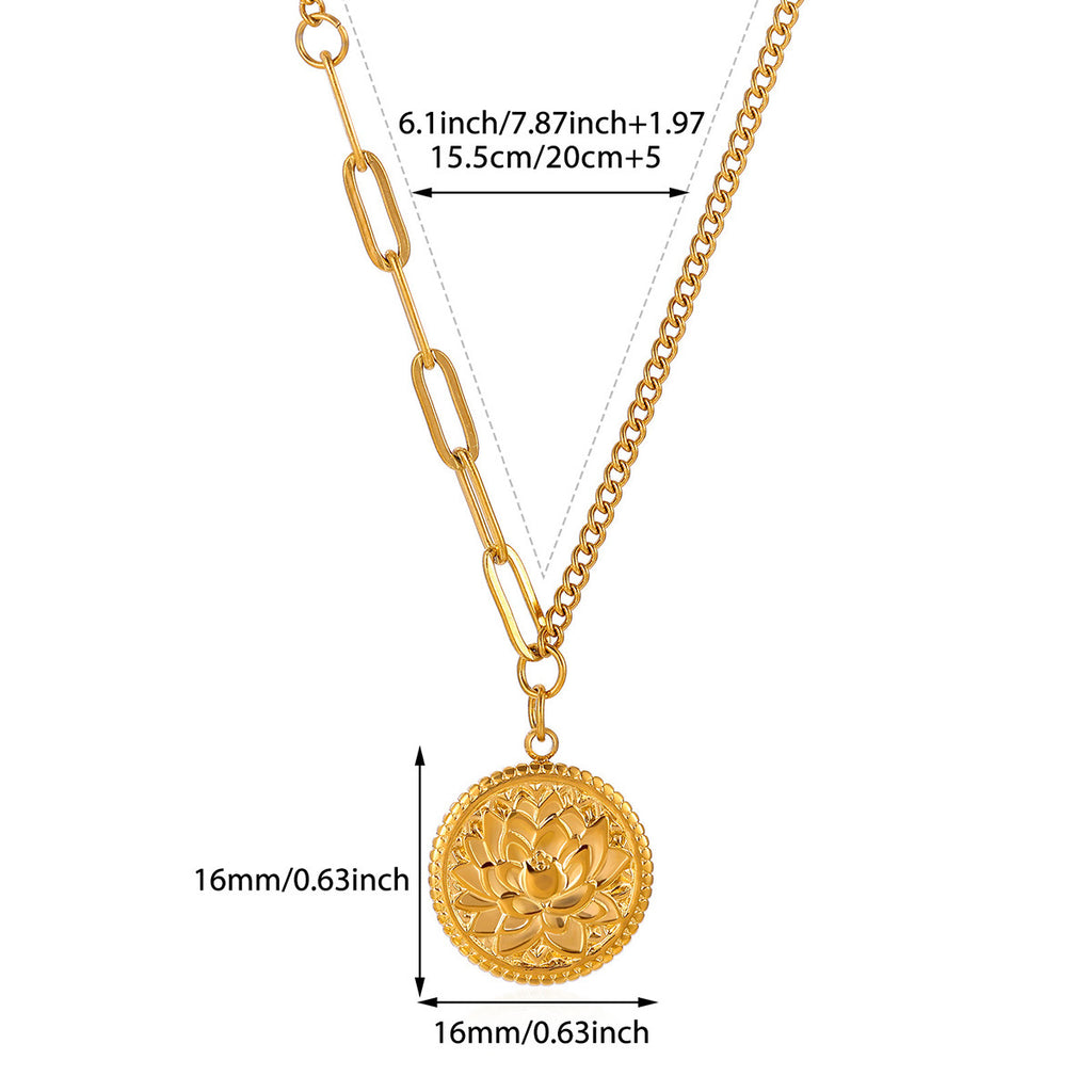 European American Vintage Embossed Lotus rond Collier Titanium acier asymétrique Ch