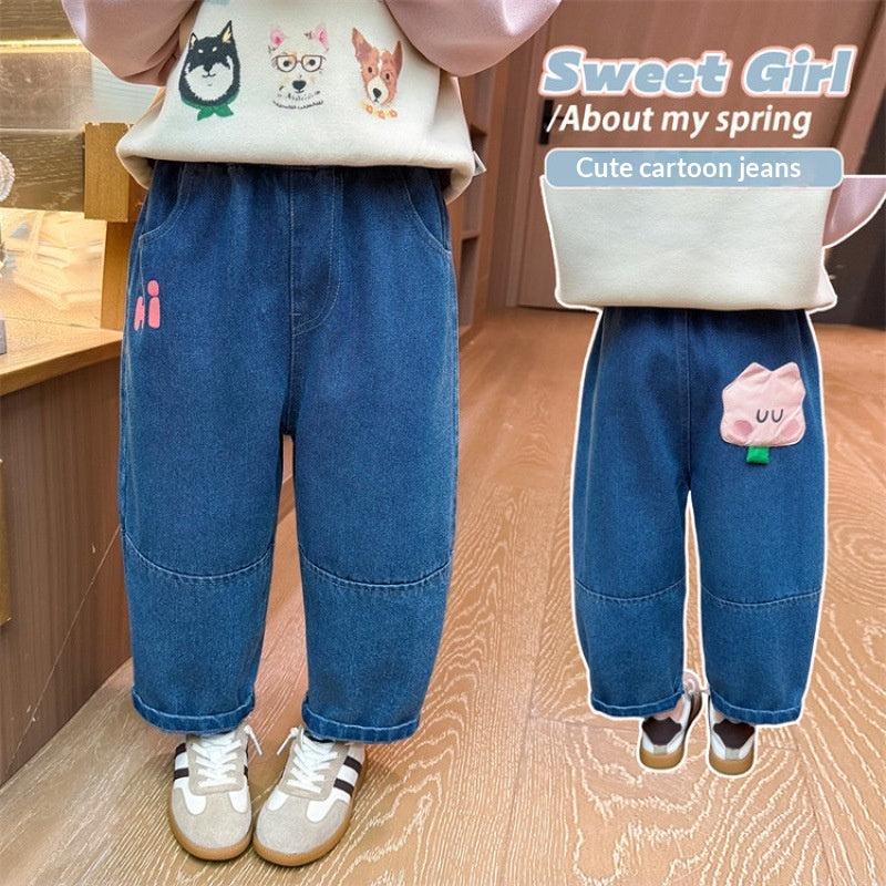 Filles Polyester Fibre Cartoon Pocket Jeans