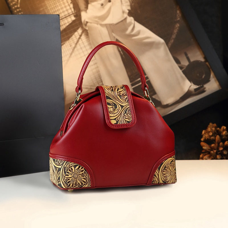 Sac d'épaule en cuir véritable mode avec carving en cuir et motifs floraux