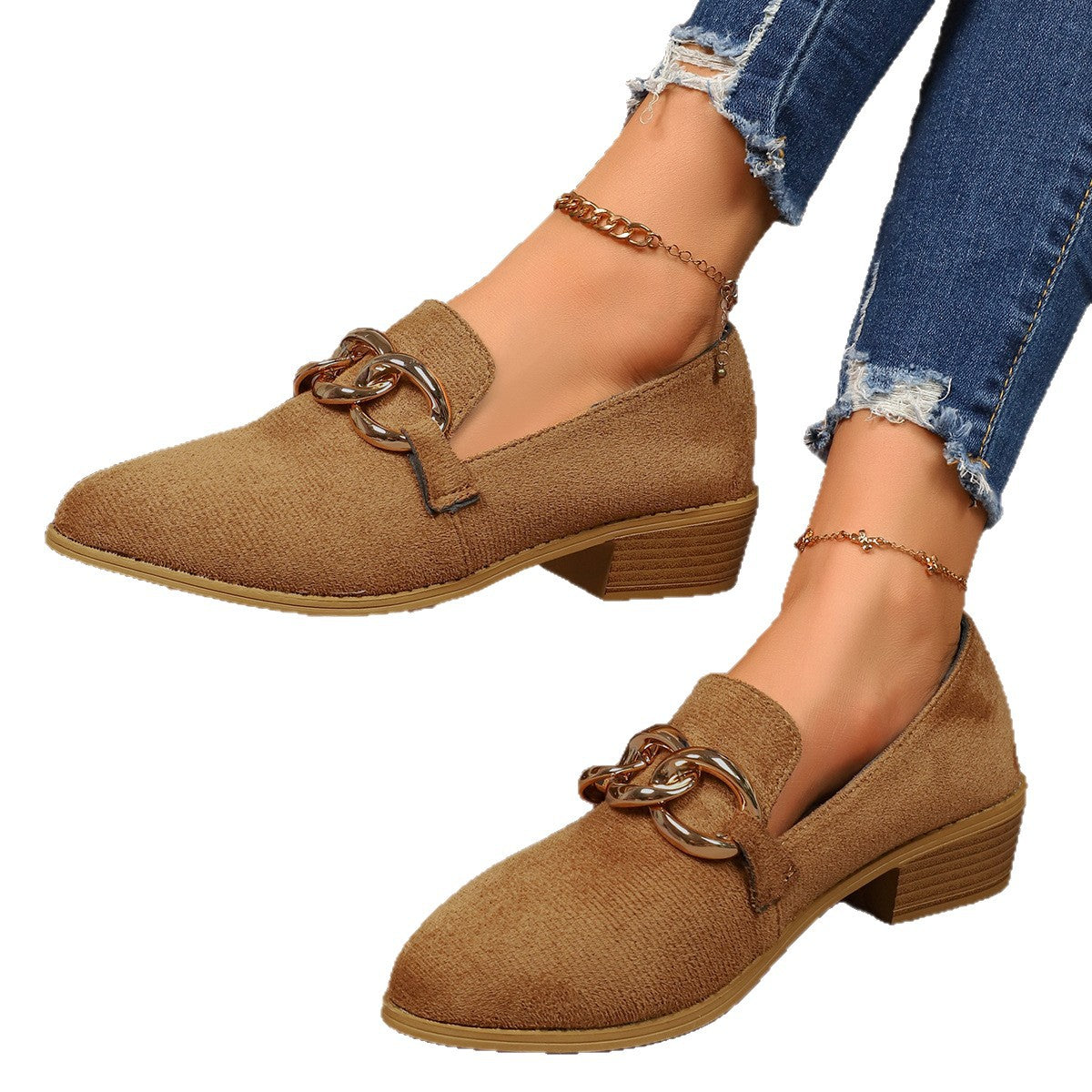 Pompes de talons de chunky pour femmes avec une chaîne métallique élégante et un orteil rond