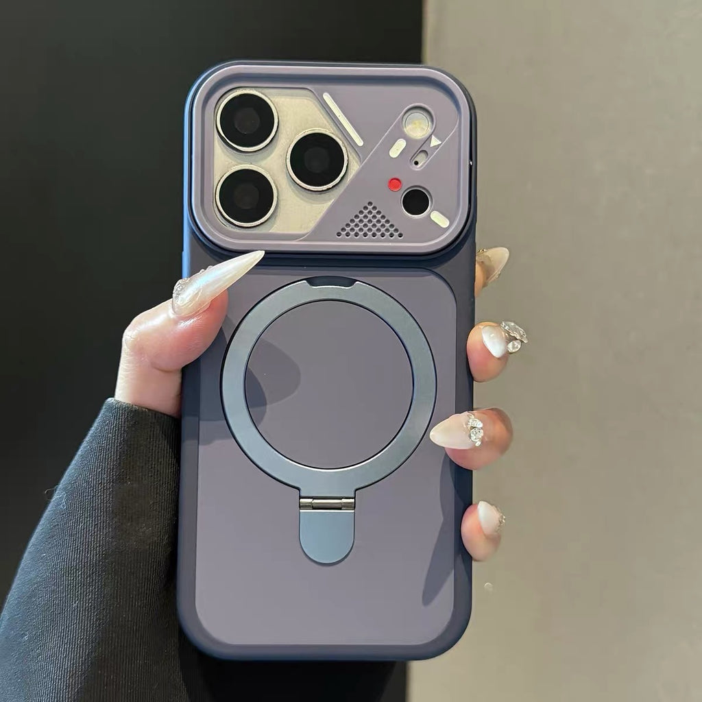 Mecha-style Frame Magnétique-suction Stand Matte Skin-feel Phone Case