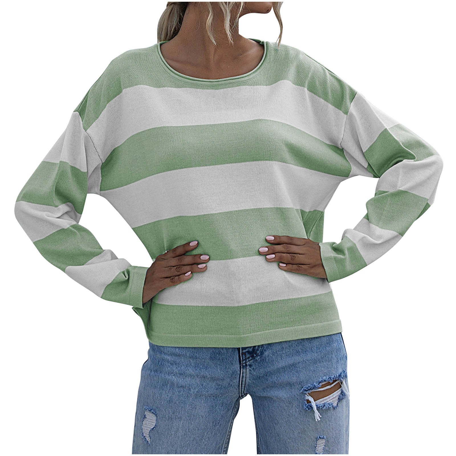 Amazon Autumn And Winter European and American Women's Casual Loose Knitted Sweater Stripe