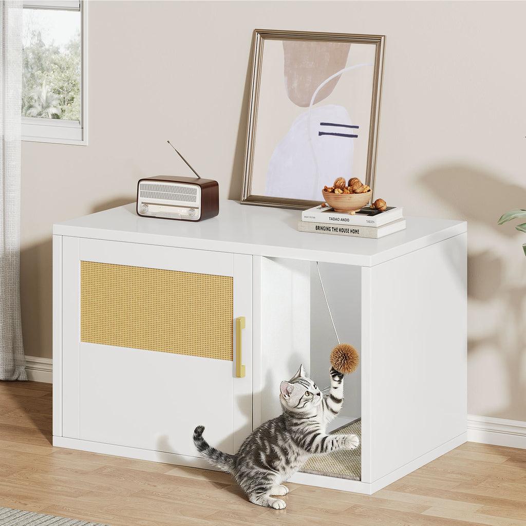 Cat Litter Box Cabinet multifonctionnel blanc moderne Maison de chat Salle de toilettes Table d'extrémité pour Bedro