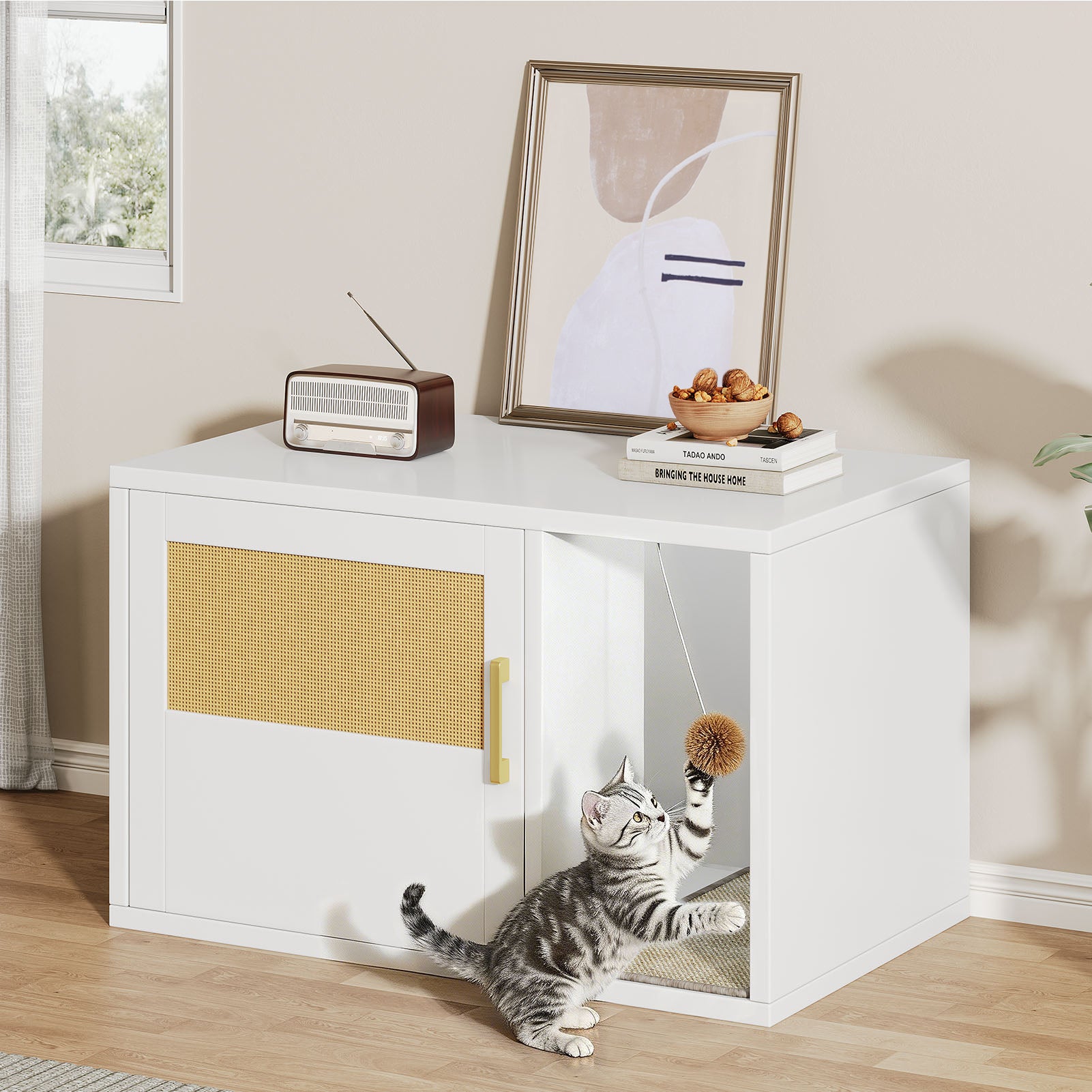 Cat Litter Box Cabinet multifonctionnel blanc moderne Maison de chat Salle de toilettes Table d'extrémité pour Bedro