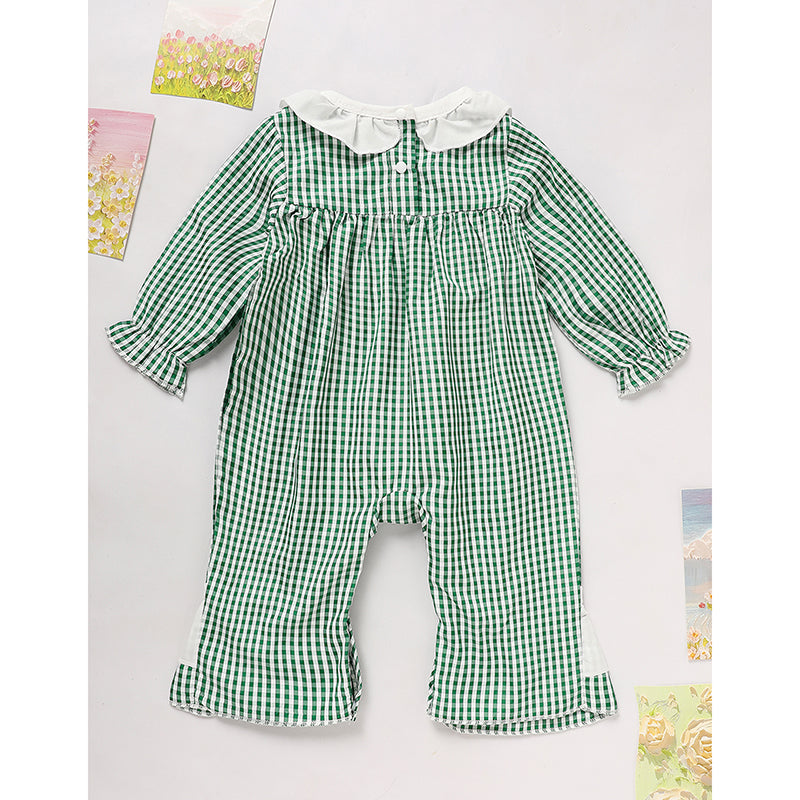 Ewborn Baby Girls Green Plaid Four-leaf Clover Allover Imprimer Bodysui à manches longues en une seule pièce