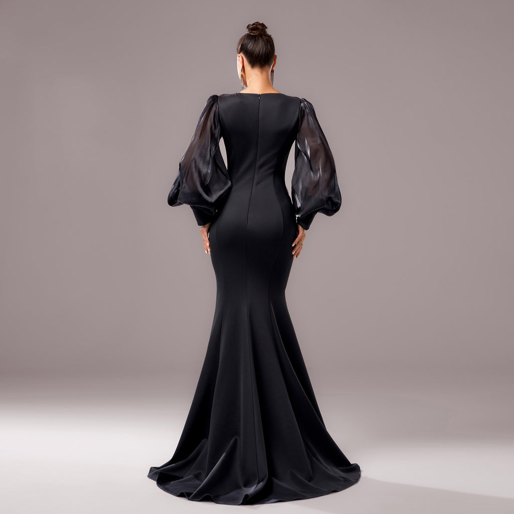 Robe à queue de poisson à manches longues pour banquet à col rond