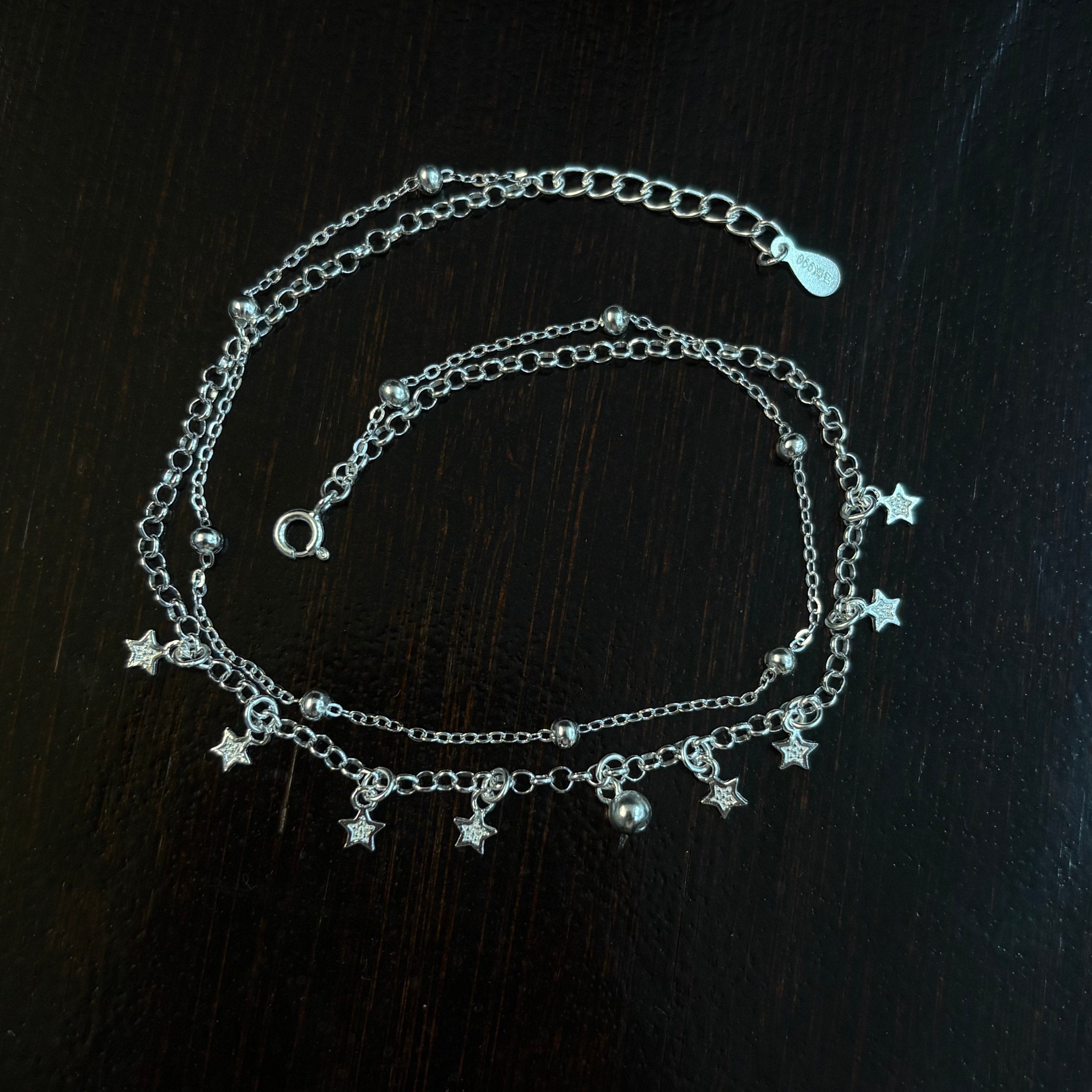 1pc 999 Argent Sterling Double-Layer Star & Perle Anklet