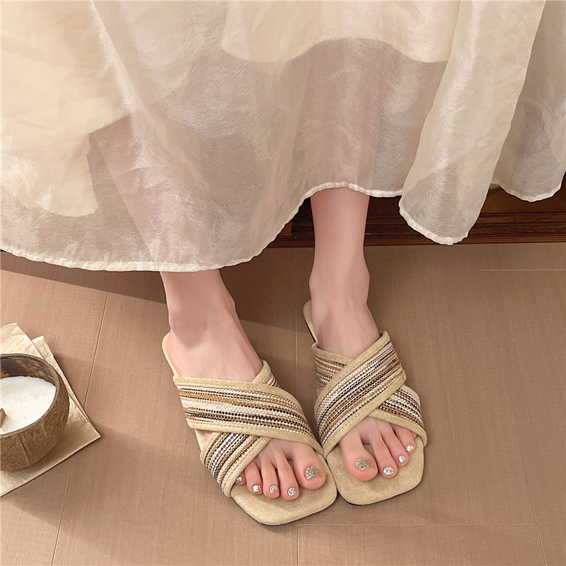 Femmes Boho Woven Stripe Crisscross Sandales à diapositives