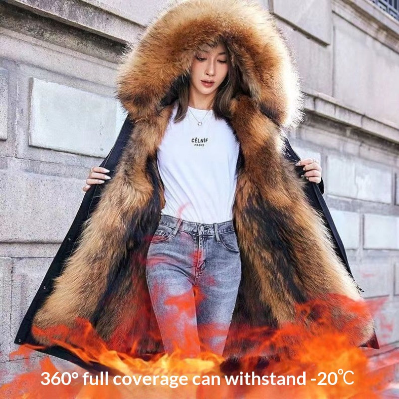 Manteau de fourrure pour femmes Faux Fox et Raccoon Fur Veste en coton épais