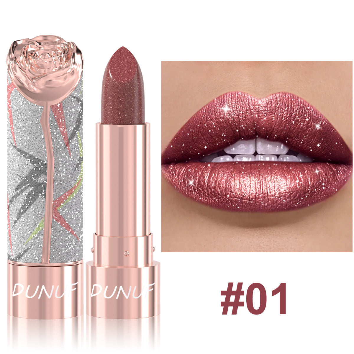 Rouge à lèvres perlescent métal-luster avec shimmer doré Et un effet tridimensionnel