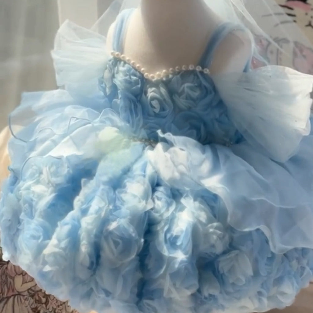 Robe d'anniversaire en trois dimensions bleue pour les petites filles