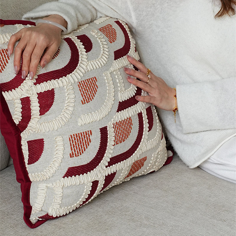 Mid-Century Wabi-Sabi Brodé rouge Jacquard Oreiller pour la maison