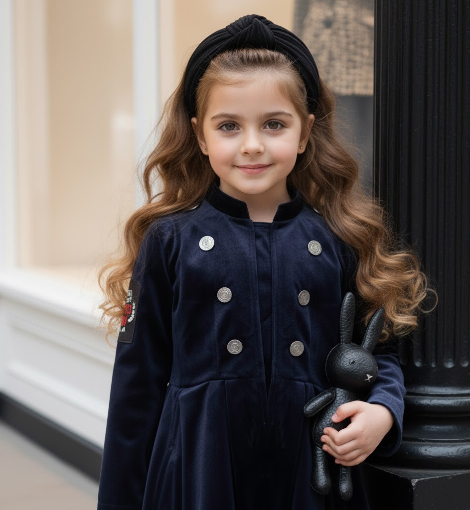 Robe de trench en velours bleu marine vintage fille 3-4-5 Y