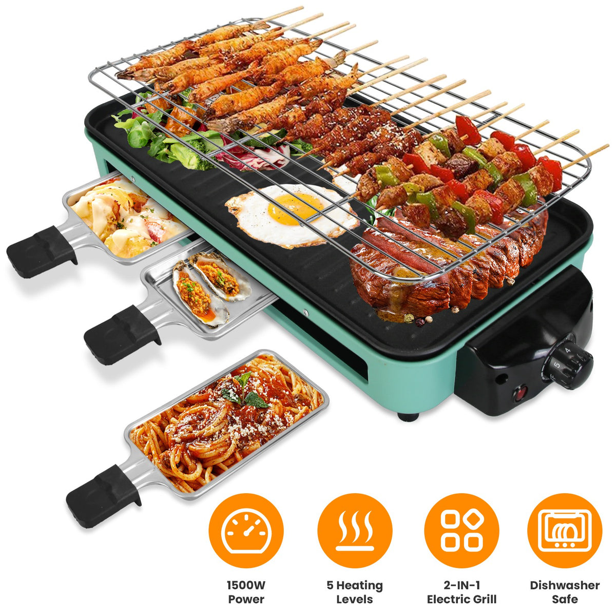 1500W Grill intérieur électrique 2 en 1 BBQ électrique Gill avec grille Net plaque amovible 5 Temp